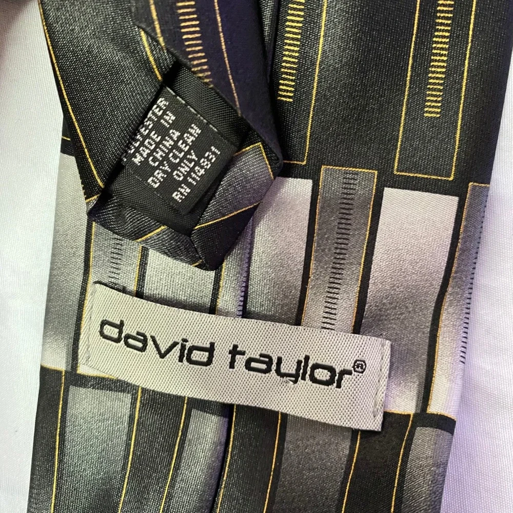 David Taylor Necktie Mens OS Black Silver Geometric Block‎ Pinstripe